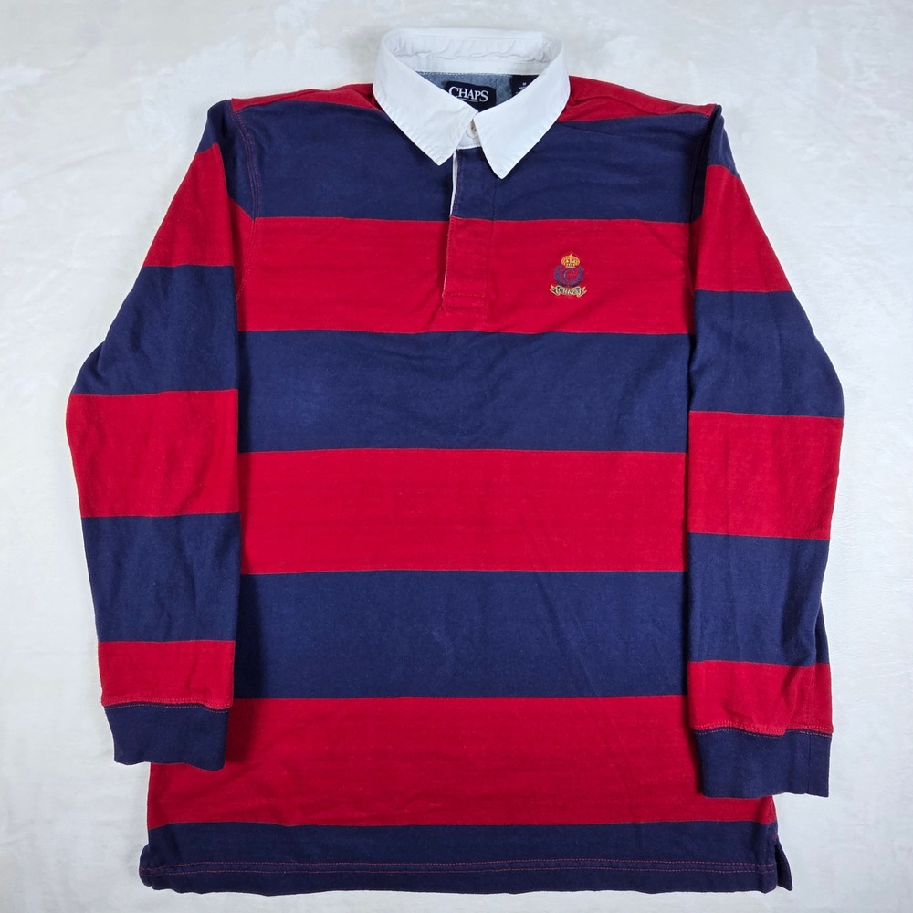 Chaps Rugby Shirt Mens Size M Navy Red Striped Long Sleeve Crest Logo Preppy